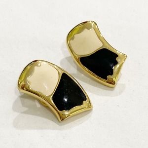 Clip On Earrings 1980's goldtone cream & black enamel Boss Lady classic jewelry